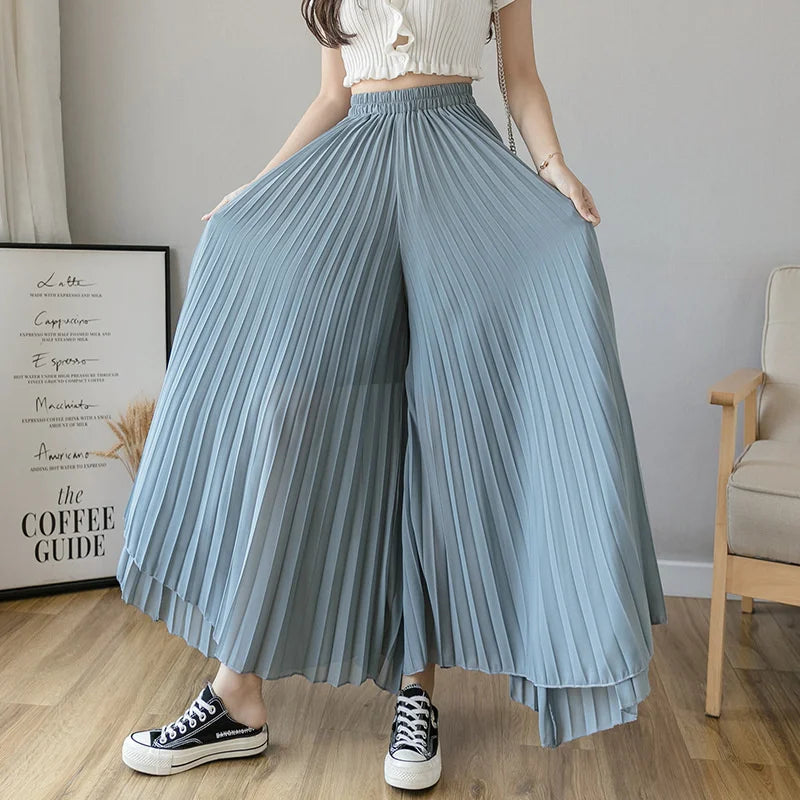 Women Elegant Chiffon High Waist Wide Leg Pants Casual Korean Fashion Pleated Loose Trousers Clothes Comodi Pantalones De Mujer