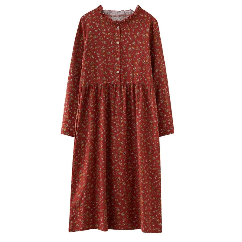 long sleeve cotton linen ruffle vintage floral new in dresses for women casual loose spring autumn dress elegant clothing