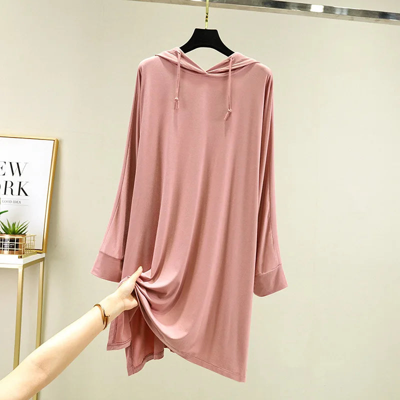 Hooded Modal Night Dress Women Long Sleeve Loose Sleepwear Spring Summer Short Nightgowns Female Sleepshirt Bottoming Shirt