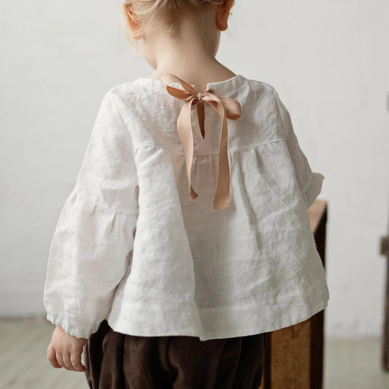 Chic Back Bow Tie Linen Shirt Girls New Solid Color Casual Loose Baby Kids Long-Sleeved Blouse Autumn Clothes