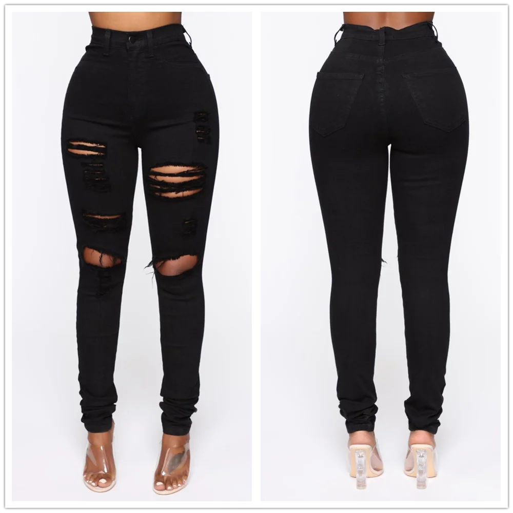 New Black Ripped Jeans For Women Fashion High Waist Denim Pencil Pants Stretch Slim Skinny Trousers XS-XL Global Drop Ship