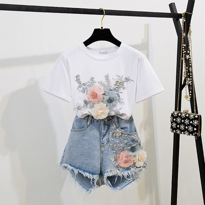 Fashion Cotton T-Shirt Tops + Short Jeans 2 Pieces Sets 2024 New Summer Women's Denim Pants Outfits 3D Flowers Beading Suits