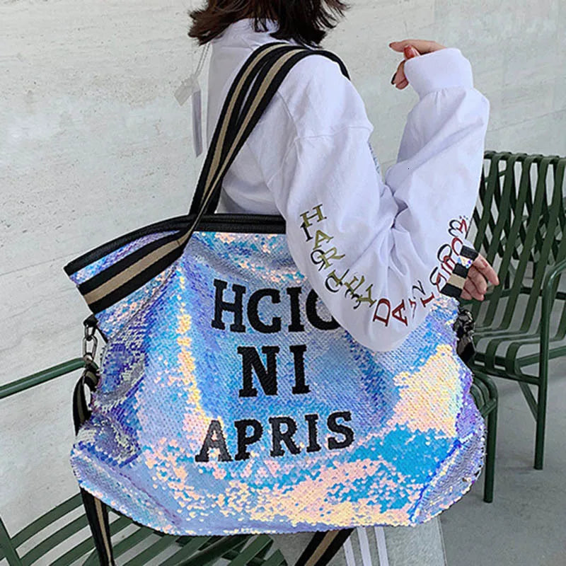 Casual Women Bling Sequins Shoulder Bags Big Capacity Female Handbag For Lady Travel Large Tote Letter Printed Crossbody Bags