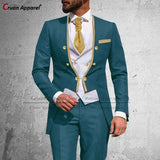 Latest Royal Blue Suit Men 3Pcs Slim Fit Wedding Best Man Groom Tuxedo Double Breasted Gold Trim Jacket Vest Pants Set Tailcoat