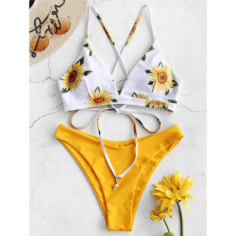 Sunflower Printed Bikini Set Sexy Swimwear Women Mujer Push Up Padded Biquini Bathers Bandage Bathing Suit Swimsuit Bikini