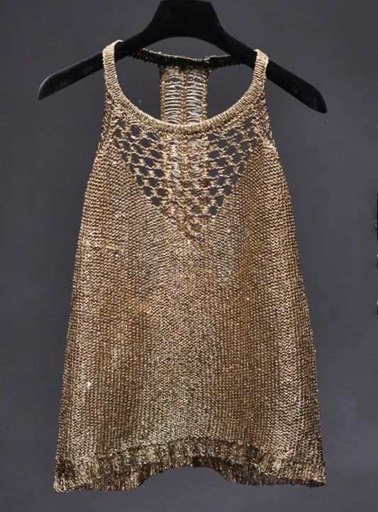 a Summer sexy hollow out knitted camis women shiny bling bling sequined tanks tops women shiny sequins tanks gold camis tops