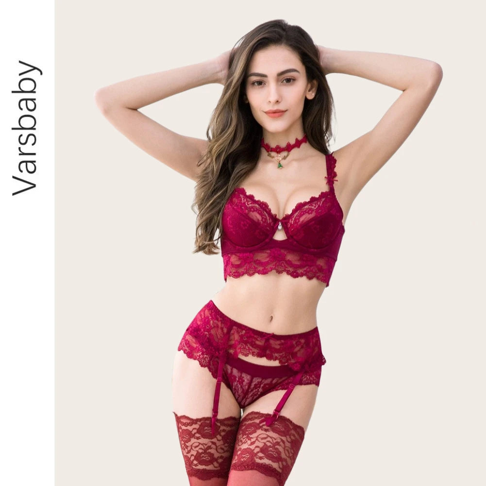 Varsbaby thin cotton push up lace lingerie sexy gather bra set 4 piece bra+panties+garter+stockings underwear set for women