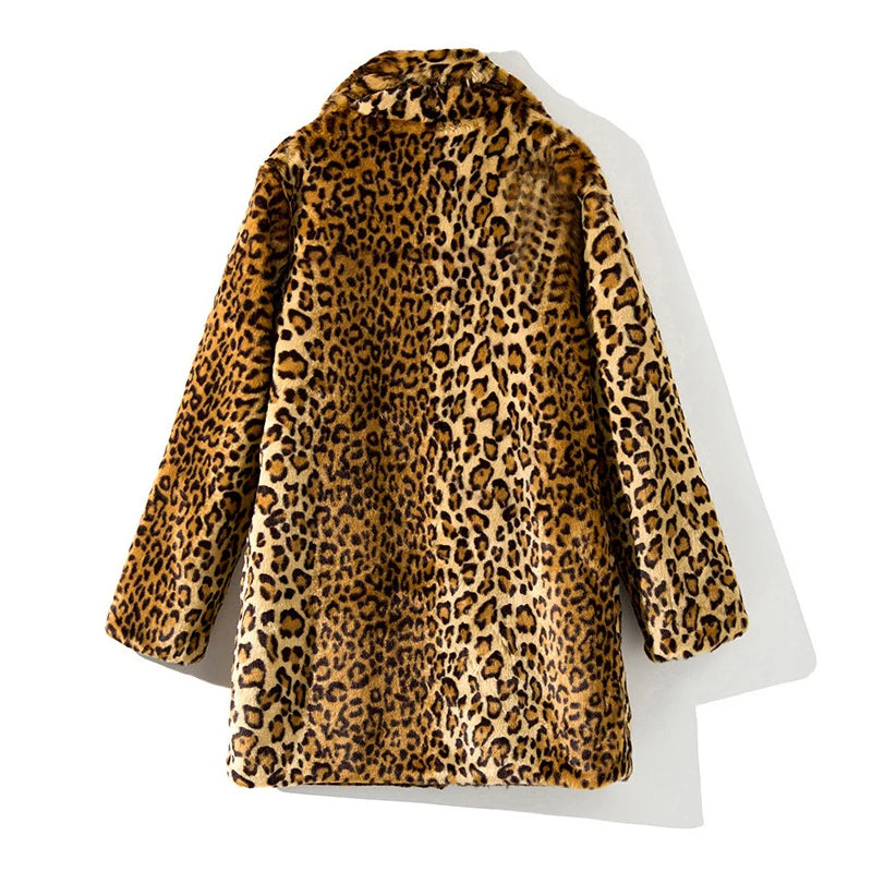 Fashion Women Faux Fur Leopard Print Coat Female Sexy All-Match Mid-Length Suit Collar Warm Outerwear