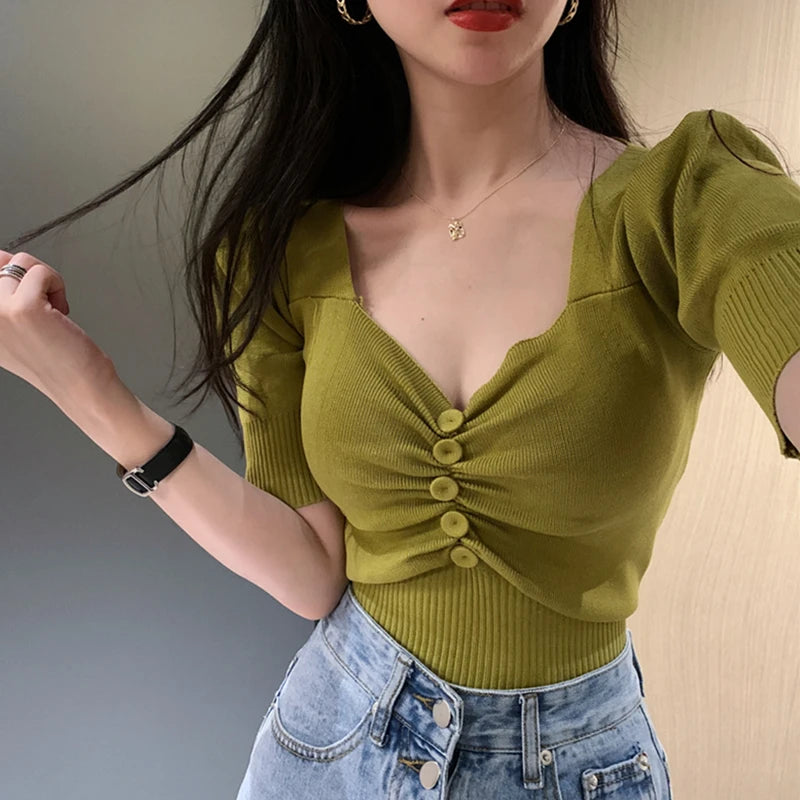 Vintage Puff Short Sleeve V-neck Knitted T-shirts With Decorated Buttons Girls Solid Stretchy Crop Tops Thin Knitwear For Women