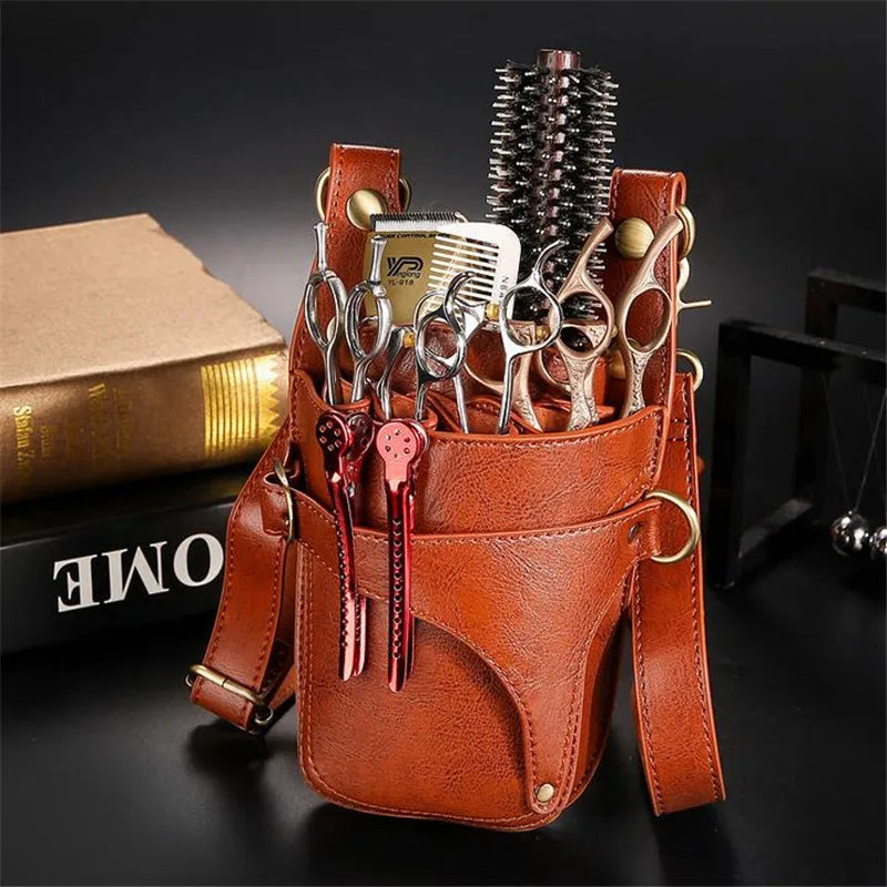 1PC Black Cowhide Hair Scissor Bag Clips Bag Hairdressing Barber Scissor Holster Pouch Holder Case With Belt Multifunction