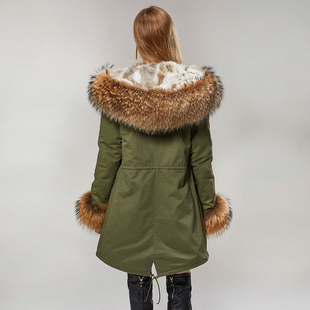 Maomaokong Winter Women Real Fur Coat Long Rabbit Fur Lining hooded Parka Large Raccoon Fur Collar Thick Warm Jacket