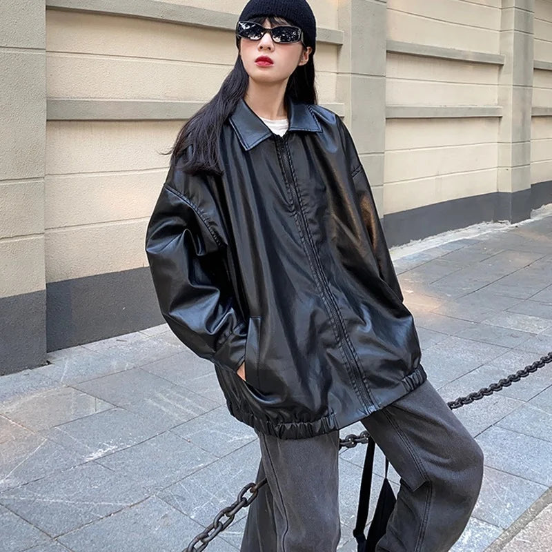 Korean Black Leather Jacket Women Winter Long Women's Moto Biker Zipper Jacket Streetwear Harajuku Y2K Loose Women's Coat 2023