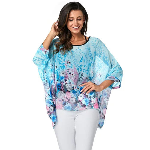 4XL 5XL 6XL Plus Size Blouse Shirt Women New Striped Print Summer Tops Tees Batwing Sleeve Casual Chiffon Blouses