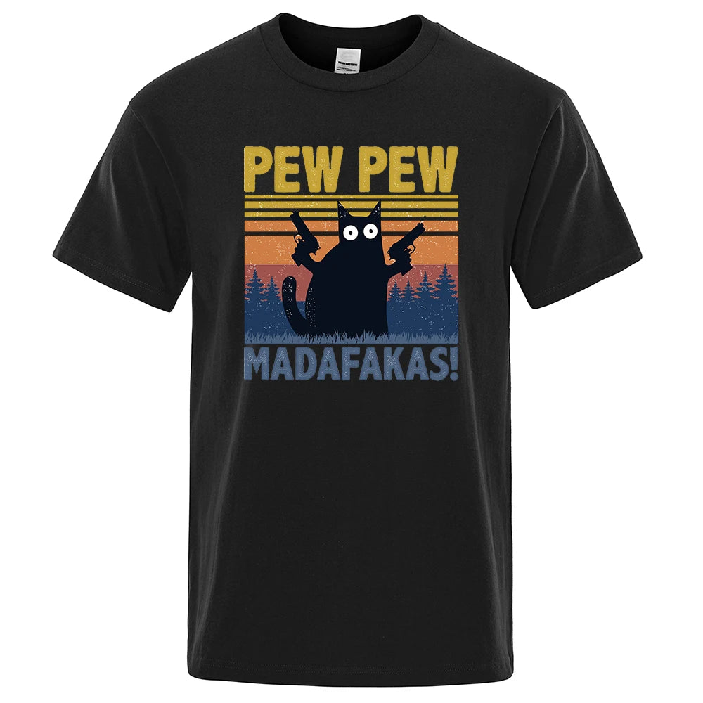 Pew Pew Madafakas Tshirt Men Short Sleeve Novelty Funny Cat T Shirt Cotton Oversize Tops Shirts Tee T-Shirt Crew Neck Streetwear