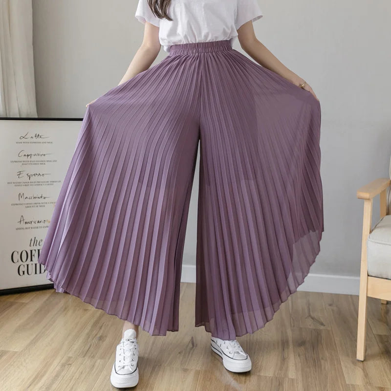 Women Elegant Chiffon High Waist Wide Leg Pants Casual Korean Fashion Pleated Loose Trousers Clothes Comodi Pantalones De Mujer