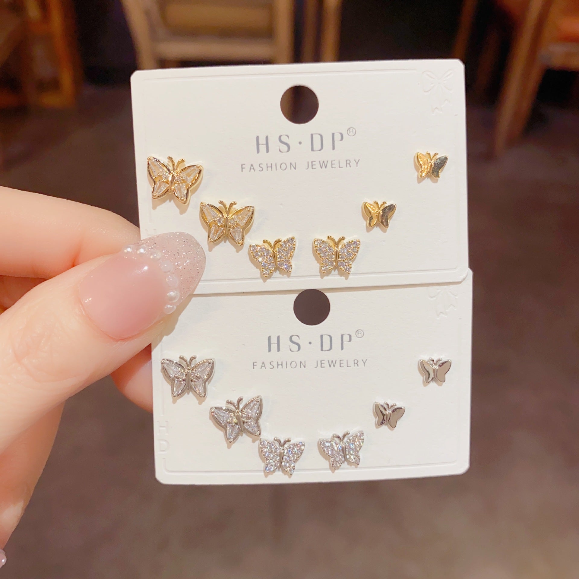 Cute Sweet And Small Exquisite Smart Shining Butterfly Studs Three-piece Set Sterling Silver Needle