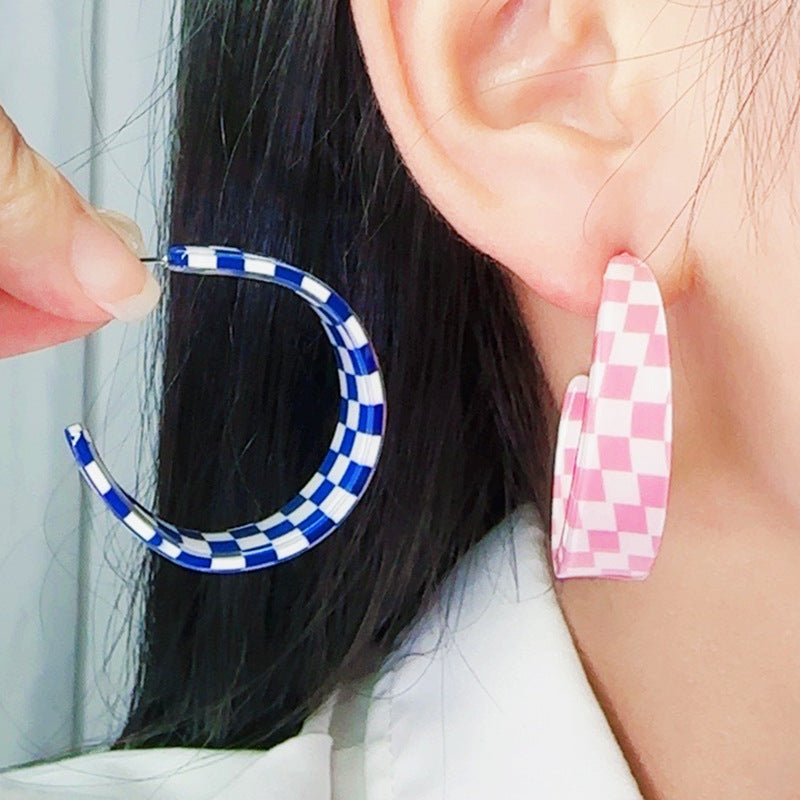 Internet Celebrity Checkerboard C- Ring Geometric Ear Ring