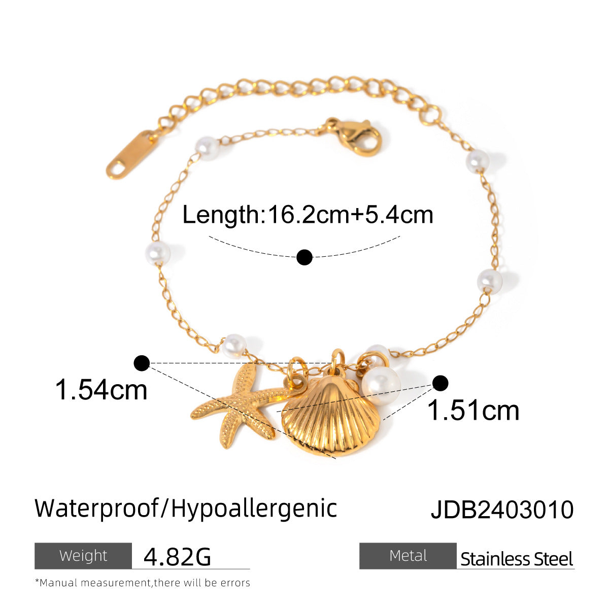 18K Gold Stainless Steel Pearl Chain Shell Starfish Pendant Bracelet