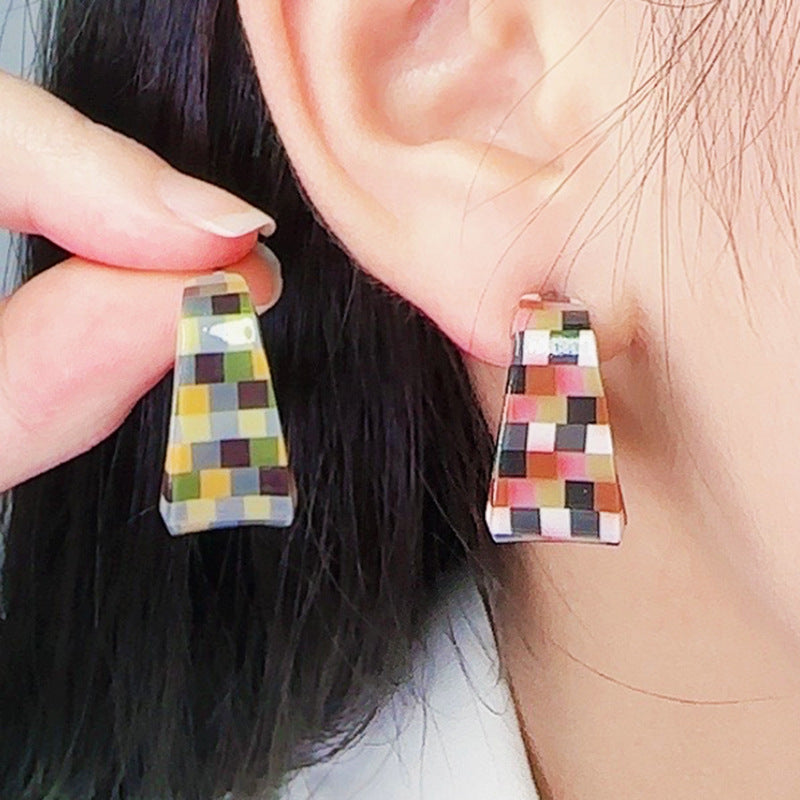 Internet Celebrity Checkerboard C- Ring Geometric Ear Ring