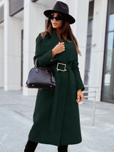 Women's long-sleeved buttoned V-neck strappy woolen coat