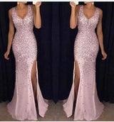 2024 Autumn Winter New European American Cross-border Amazon Side Slit Gold-embellished Long Evening Dress Sleeveless