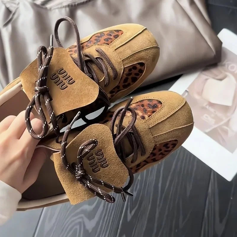 Autumn Brown Leopard Print Women's Vulcanized Shoes Flat Lace-up Sport Shoes Outdoor Non-slip Casual Comfortable Women Sneakers