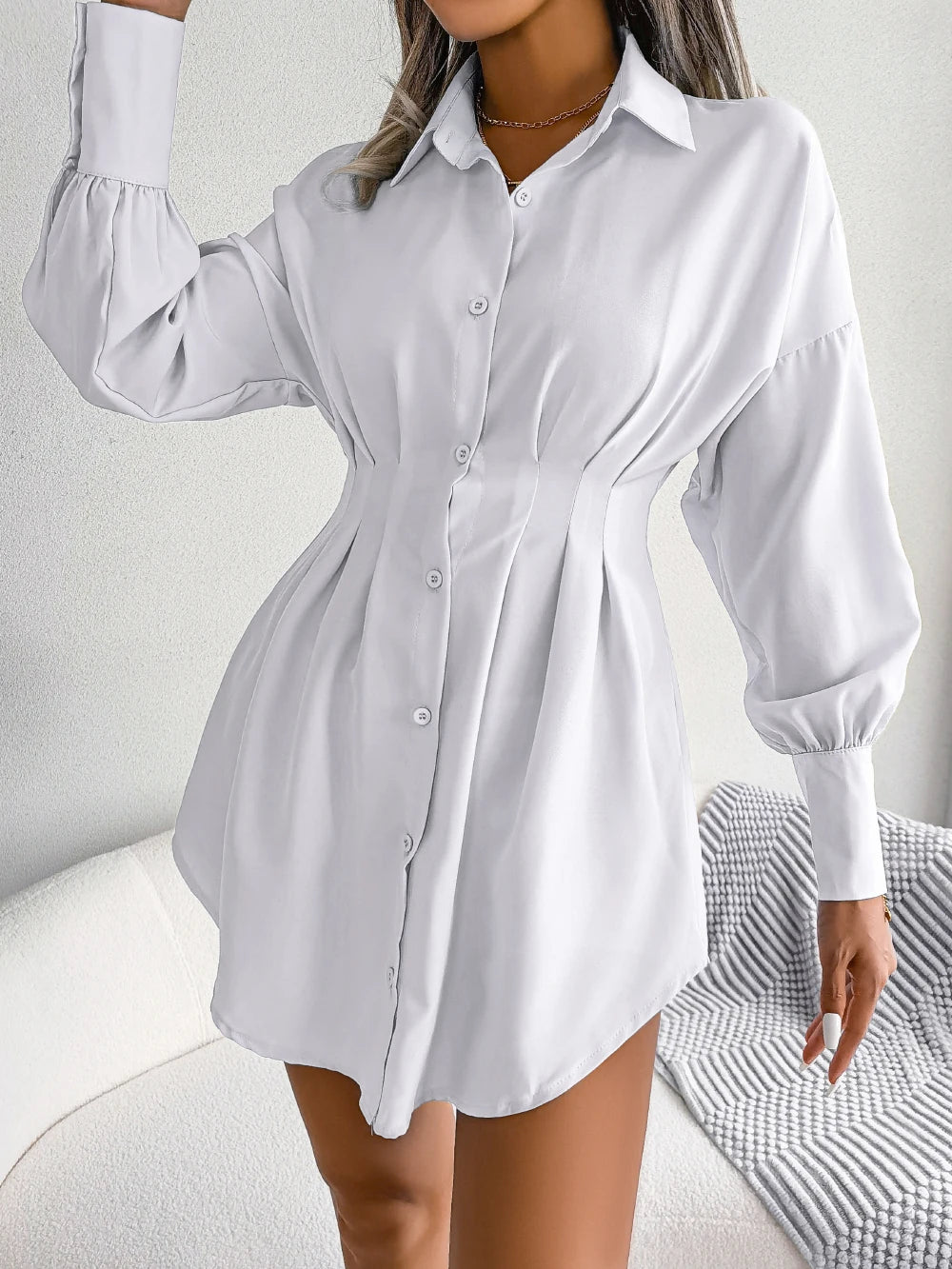 Women Casual Buttons Long Sleeve Shirt Dress Autumn Clothing White Blue Army Green