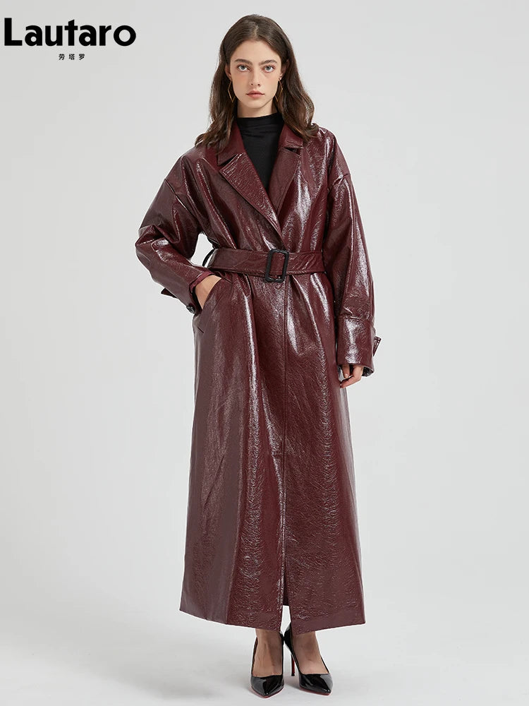 Lautaro Spring Autumn Extra Long Burgundy Pu Leather Trench Coat for Women with Belt Elegant Luxury Designer Maxi Overcoat