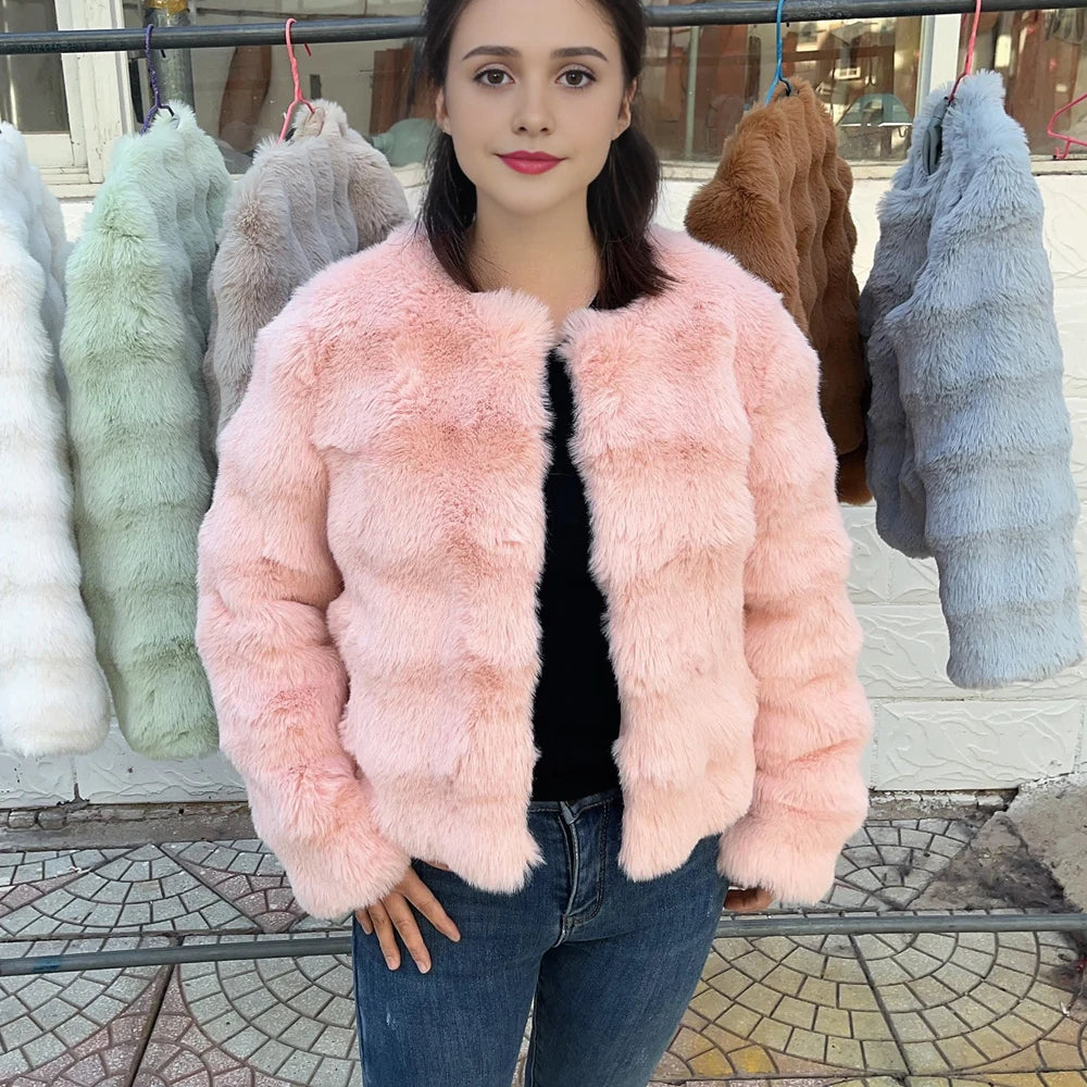 HOOOFUR Faux Fur Coat Women New Style Short Imitation Fur Plush Collarless Top Short Top 2024 Autumn and Winter Warm and Trend