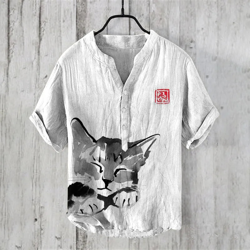 Fashion retro distressed linen breathable men's shirt men's clothing art illustration print fashion v-neck henley men's shirt