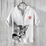 Fashion retro distressed linen breathable men's shirt men's clothing art illustration print fashion v-neck henley men's shirt