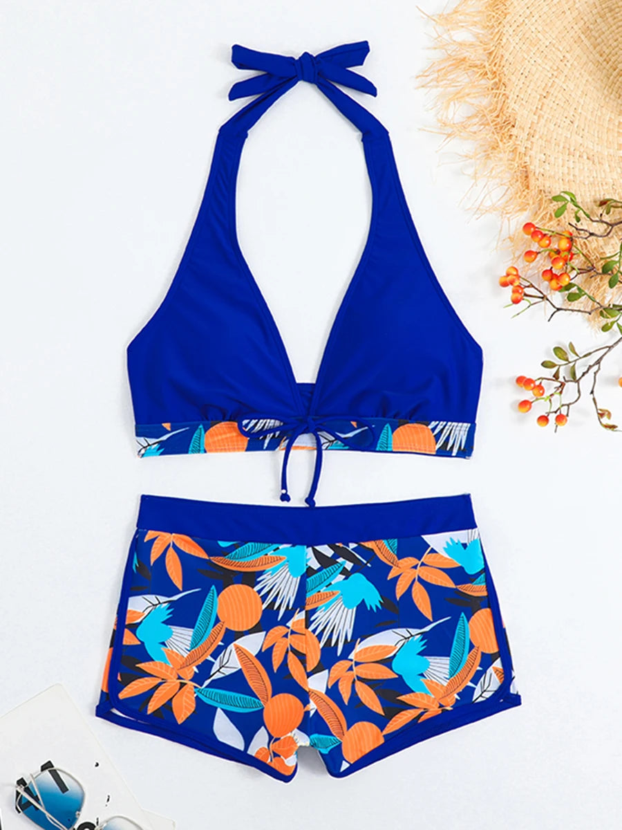 Halter Bikini Set Short Swimsuit Women High Waist Swimwear Female Printed Bathers Swimming Bathing Swim Suit Beachwear