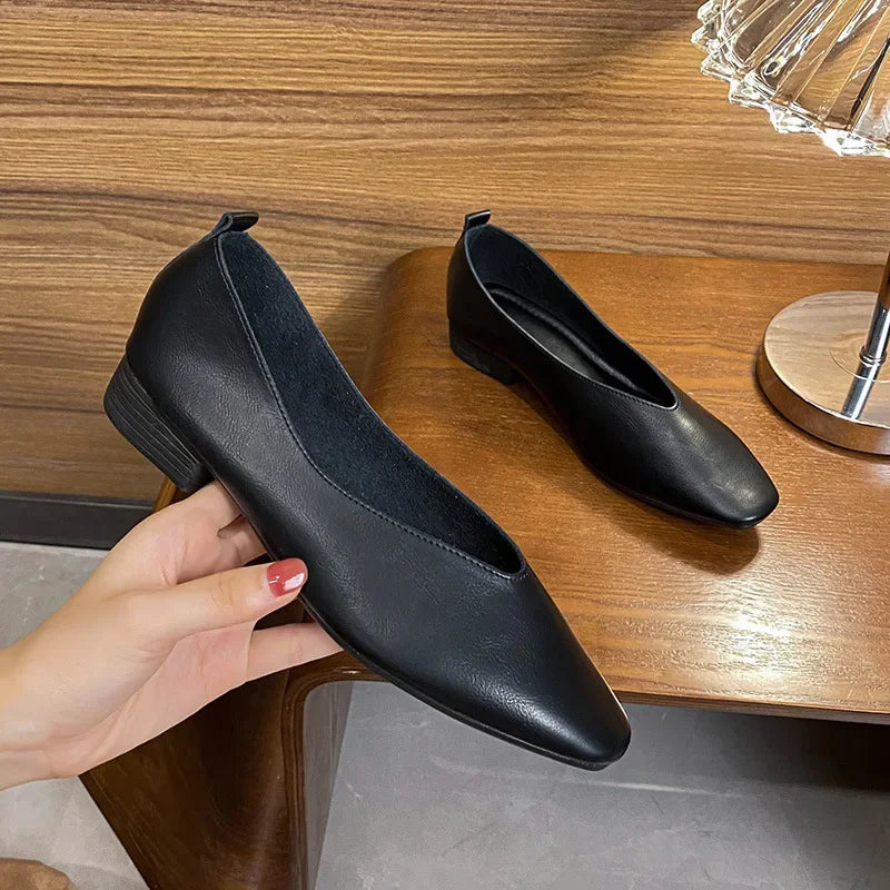 Genuine Leather Multi-color Low-heeled women's Shoes  Round Toe Flat Bottom Shallow Cut Single Shoe Casual Versatile Loafers