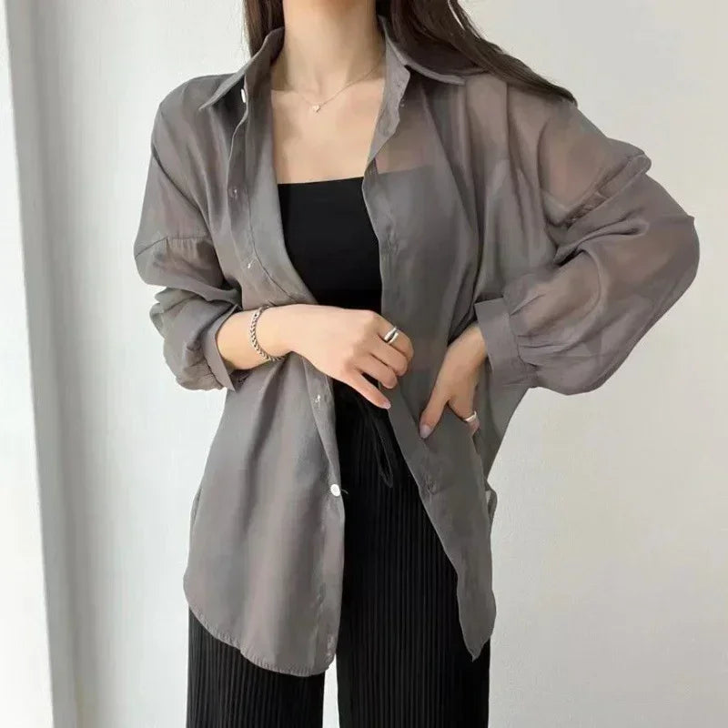 8 Colors Shirts Women Sheer Thin Chic Summer Simple Solid Sun-proof Temper Fashion Baggy All-match Basic Korean Style Clothes