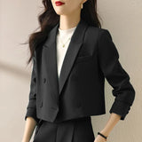 Lucyever Black Cropped Blazers for Women Korean Fashion Double-Breasted Office Suit Coat Ladies Vintage Long Sleeve Outerwear