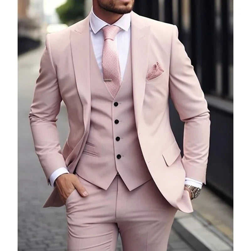 Pink Luxury Men Suits Terno Slim fit 3 Piece Jacket Pant With Vest Groom Wedding Tuxedo Costume Homme Formal Occasion Terno