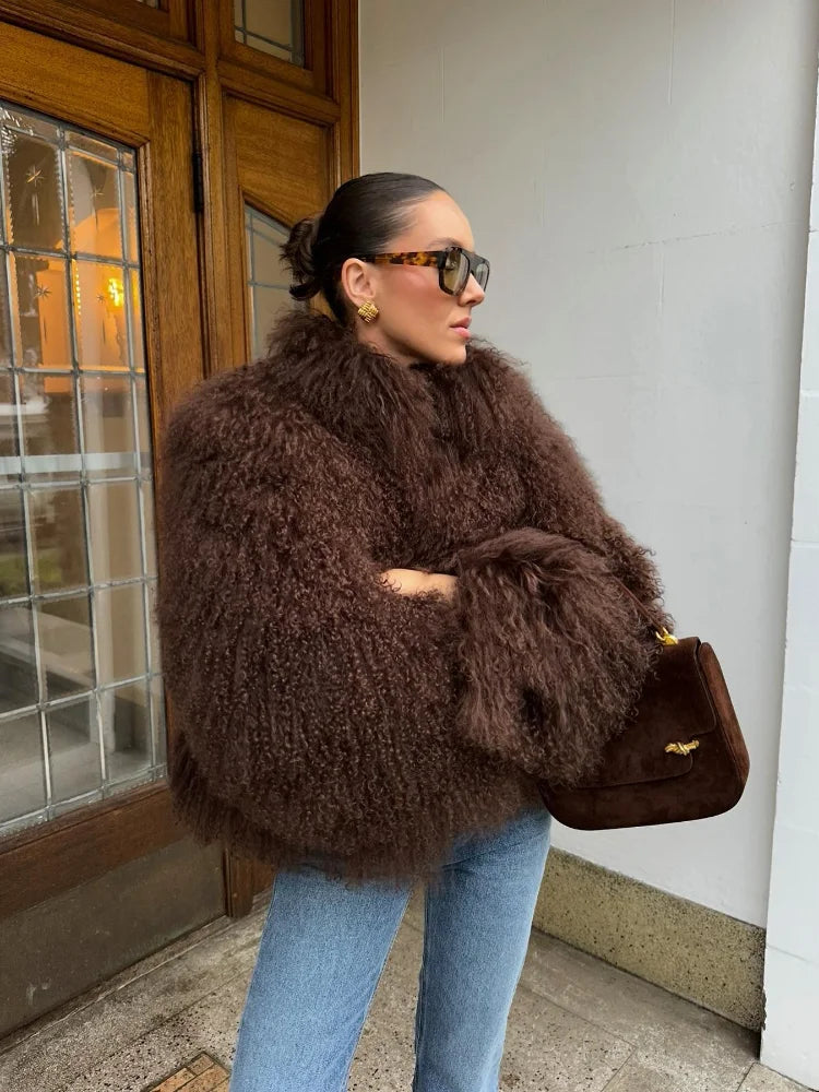 Fashion Solid Fluffy Faux Fur Jacket For Women Luxury O-neck Long Sleeve Warm Cardigan Coat 2024 Winter Lady Chic Street Outwear