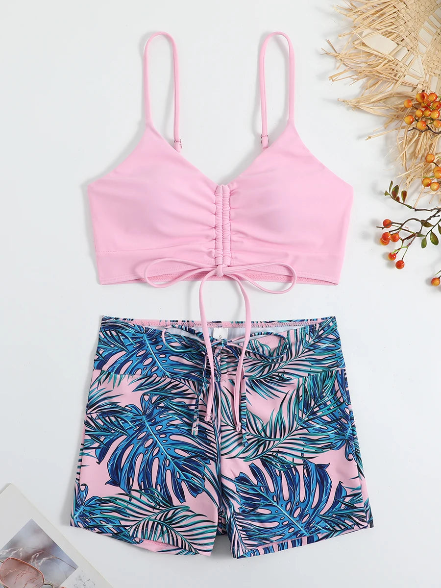 Tropical Print Drawstring Bikini Women High Waist Swimsuit Tie Front Shorts Swimwear Female Bathing Suit Swimming Summer