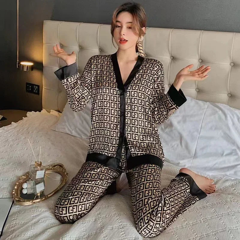 Spring Autumn New Satin Silk Pajamas for Women Fashion Long Sleeve Long Pants High Grade Elegant Comfortable Lapel Loungewear