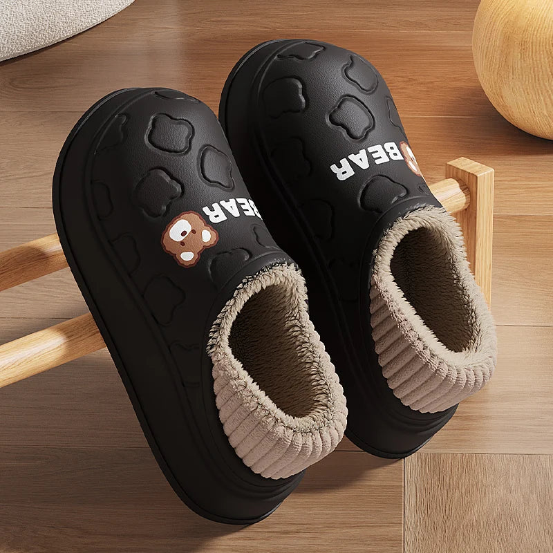 New Winter Waterproof Slippers Men Outdoor Warm Eva Plush Slippers Women Non-Slip Home Footwear Thick Platform Cartoon Shoe