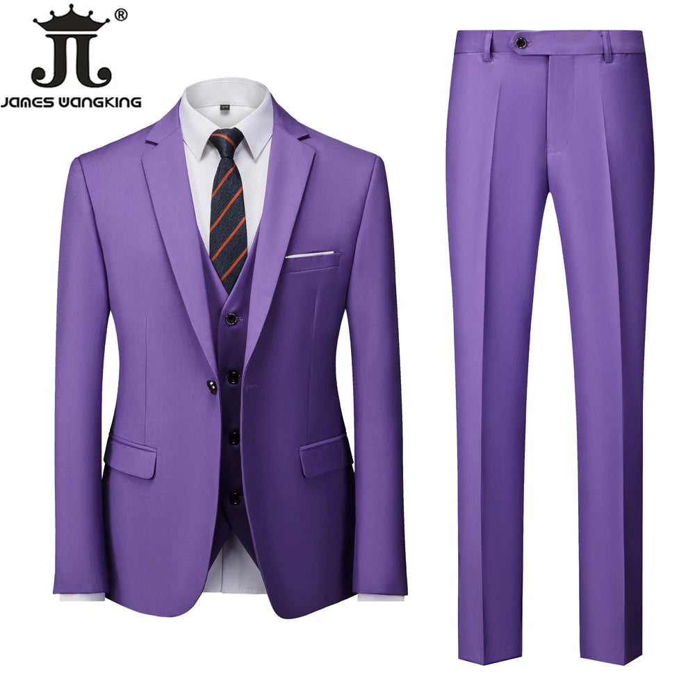 ( Jacket + Vest + Pants ) Boutique Solid Color Men's Official Business Suit Bride's Wedding Dress Party Male Suit