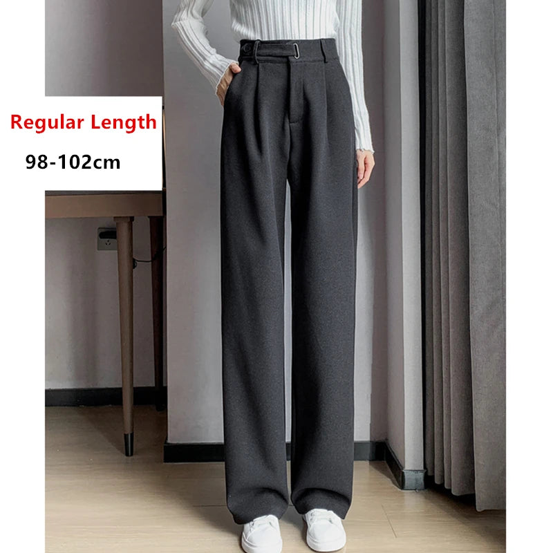 Seoulish Autumn Winter Thicken Woolen Casual Loose Full Length Pants New Button High Waist Chic Wide Leg Trousers Female