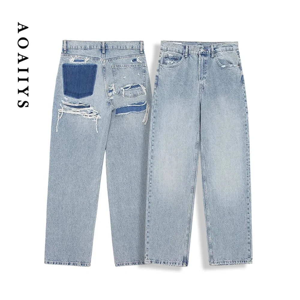 Aoaiiys Baggy Jeans Women High Waisted Vintage Denim Pants Fashion Jeans Loose Trousers Patchwork Casual Streetwear Y2k Jeans