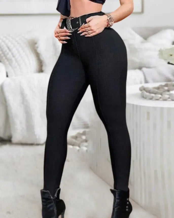 Women's Pants Spring Trend Fashion High Waist Pocket Design Casual Plain Skinny Daily Long Pants with Belt