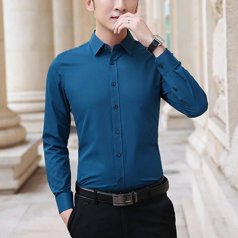 Men's Solid color Business Casual Formal shirt Fashion classic slim solid color long sleeve shirt no ironing social high quality