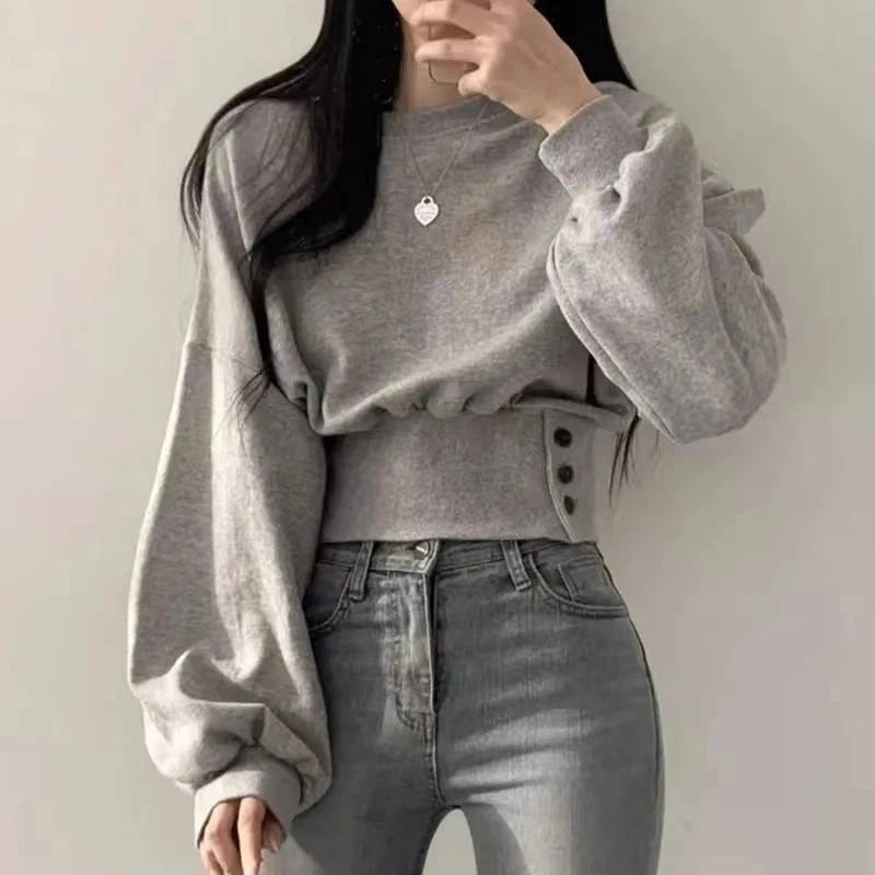 Autumn Women Solid O-Neck Slim Crop Top Lantern Sleeve With Button  Sweat Casual Hip-Hop Sporty Pullover Sweet Chic Street Wear