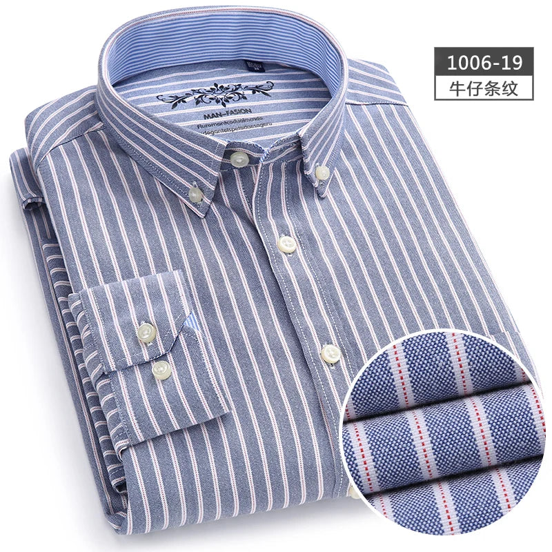 New Oxford woven men's shirt long sleeve striped fashion print casual business social breathable no-iron buckle collar