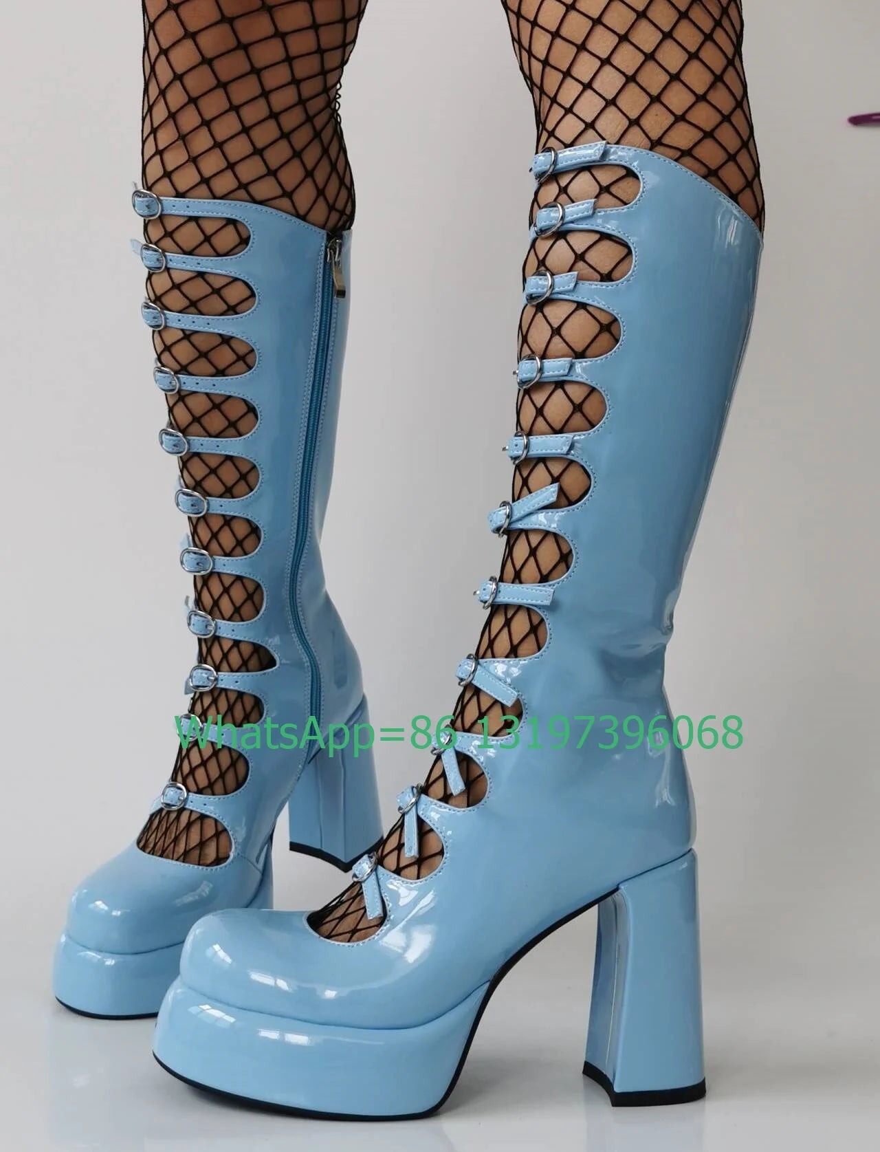 Thick Sole Black Hollow Calf Boots Side Zipper Rough Square Heel Pole Dance Shoes Super Heel Sexy Boots Large Size Footwear