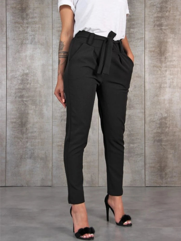 Spring Summer Autumn Casual Slim Chiffon Thin Pants For Women High Waist Black Khaki Green Pants Woman Trousers