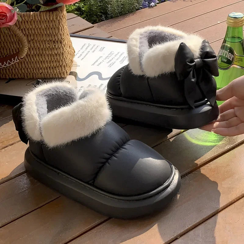 Cute Warm Ankle Boots Winter Women's Bow Warmth Plush Bow Cotton Shoes New Waterproof Down Cloth Short Barrel Snow Boots